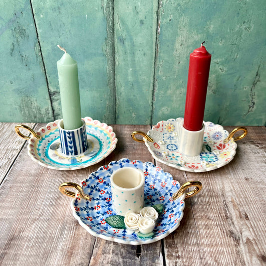 Scalloped edge candle holders with handle