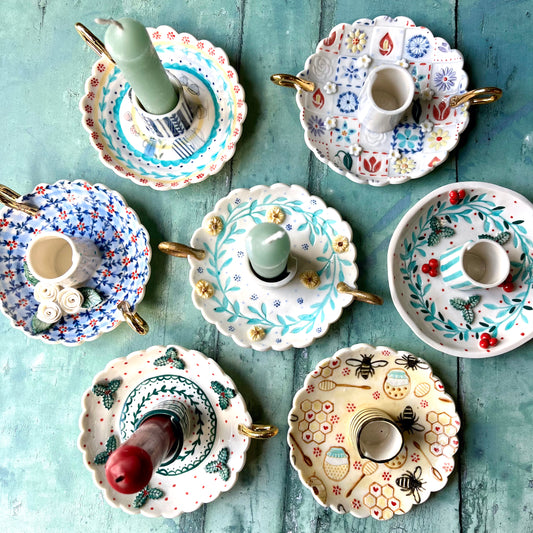 Scalloped edge candle holders with handle