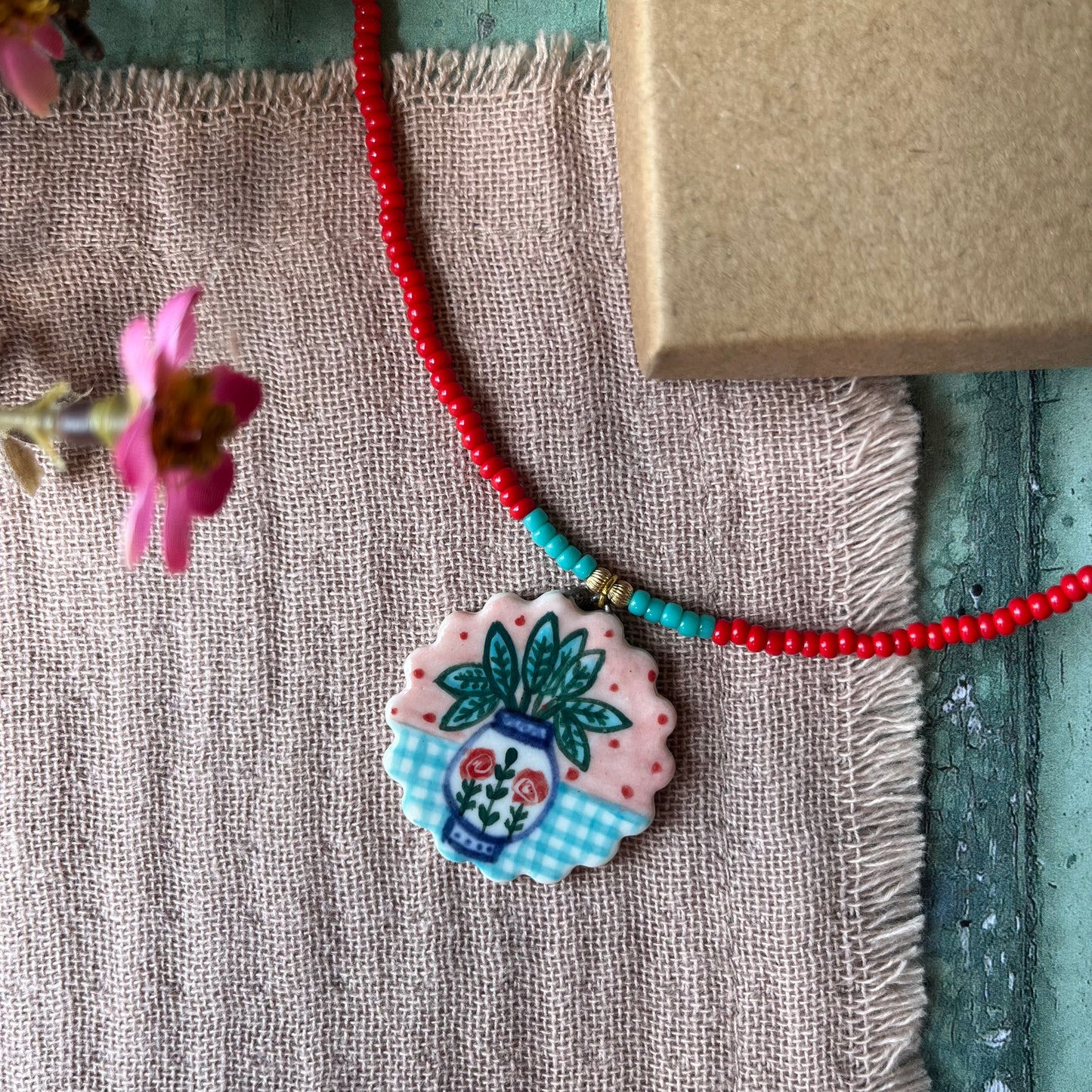 Porcelain beaded charm necklace